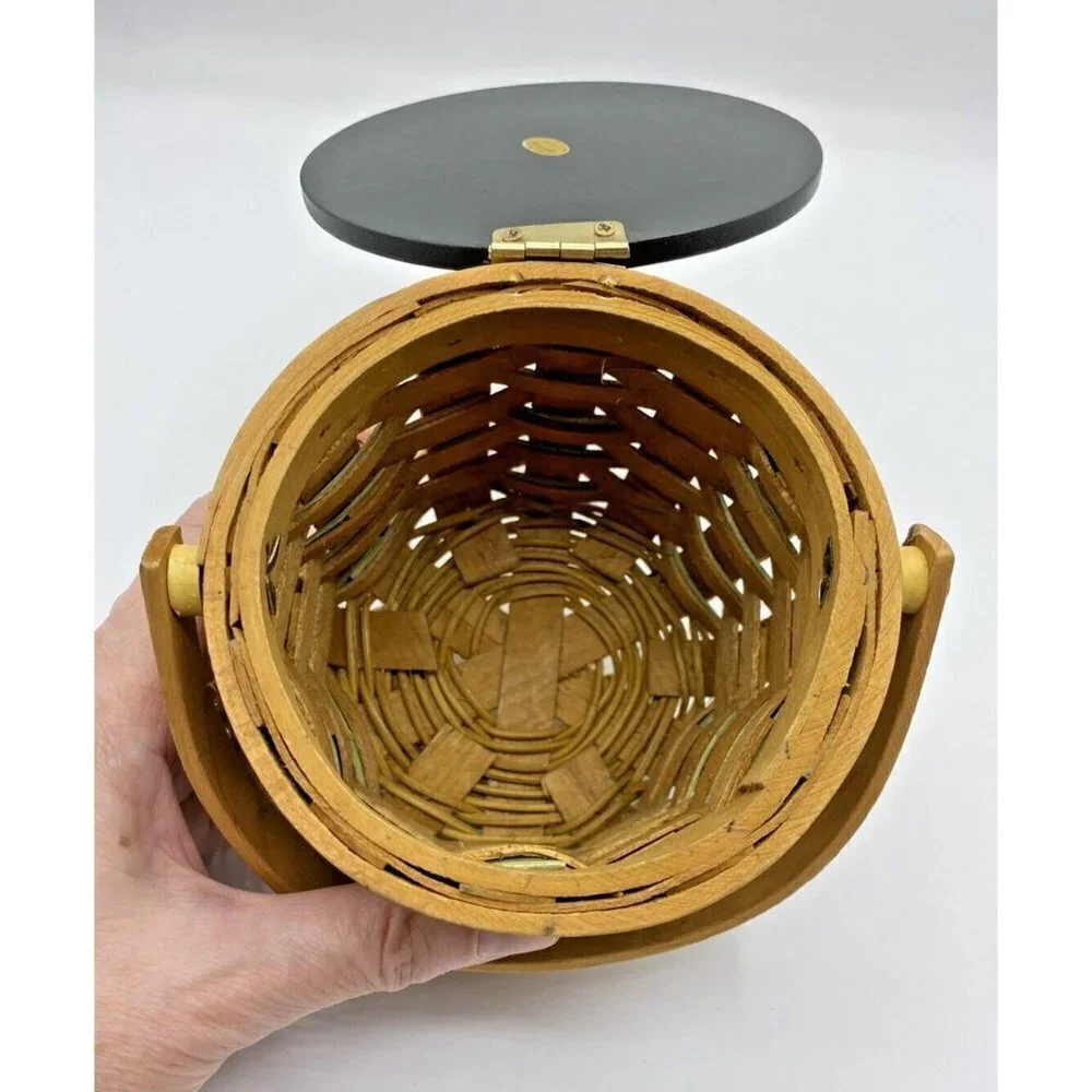 Sunflower Basket 3.75”x4.5” Handle Hinged Lid Woven Round Yellow Trinket Holder